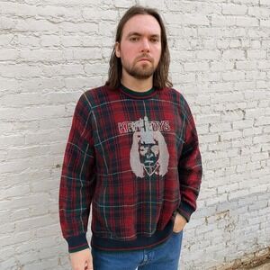 Men's Red & Green Plaid Crewneck Sweater with Graphic